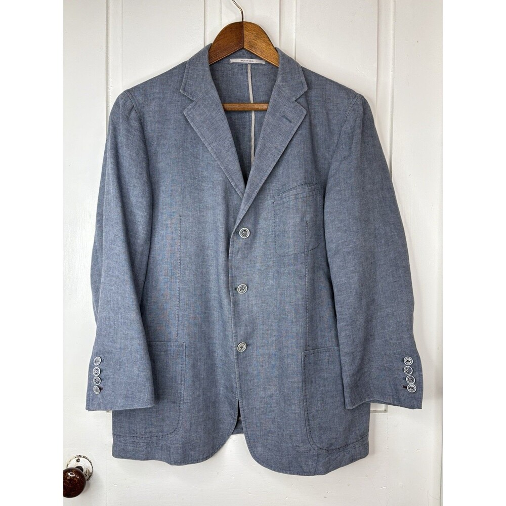 Hickey Freeman Custom Linen Sport Coat Blazer Gray Blue Mens 42R 3 Button Patch